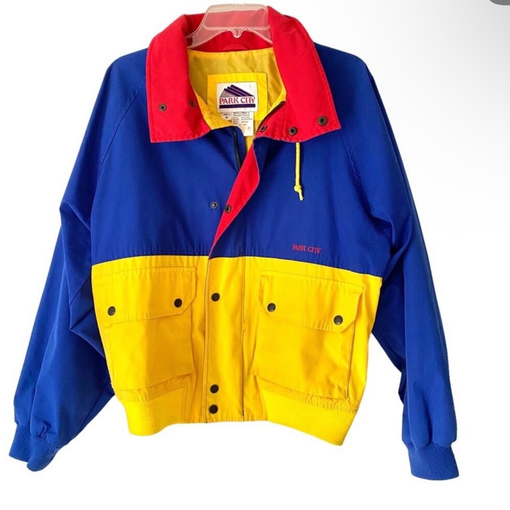 Park City Utah Mens Vintage Color Block 90s Blue Red Yellow Jacket Hooded Medium